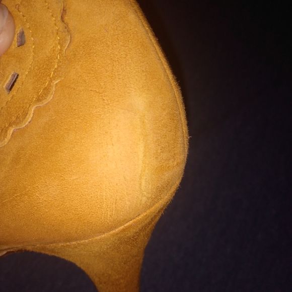 Anthro Lucky Penny 38 Suede Cut Out Yellow Heels. - Picture 10 of 16